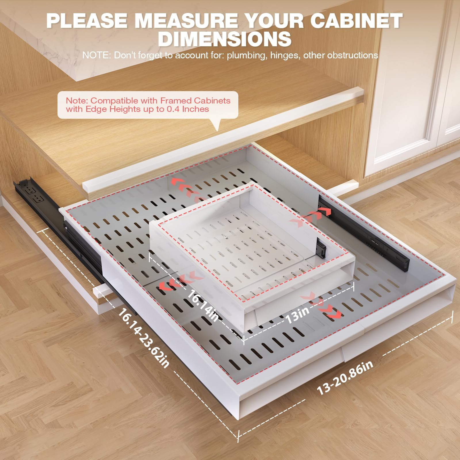 Expandable Pull-Out Cabinet Organizer with Handle – Adjustable Width & Depth, 3-Rail Slide-Out Shelf (White, 2-Pack)