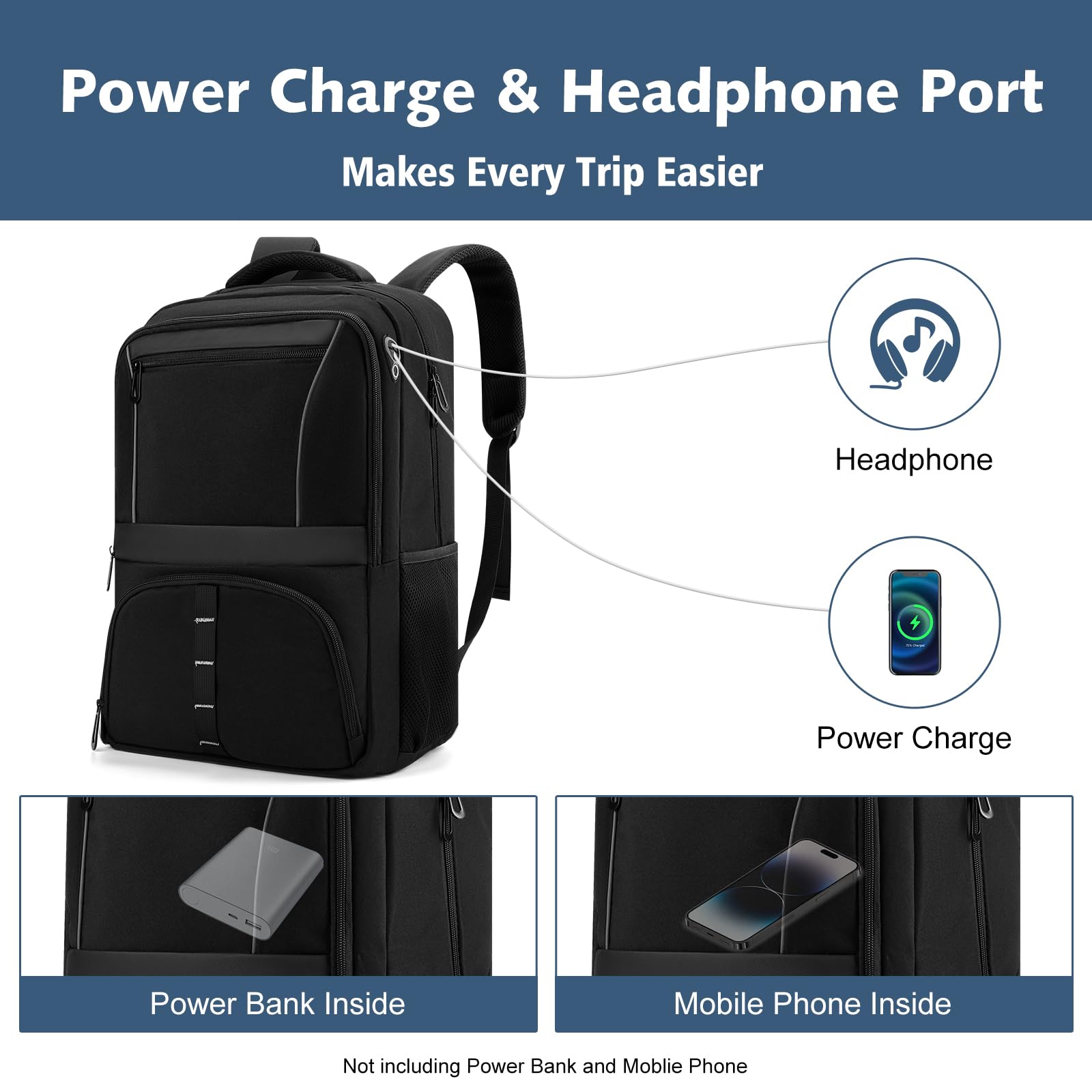 30L Carry-On Travel Laptop Backpack with USB Cable Port & Reflective Safety Design – Fits 17.3” – Black