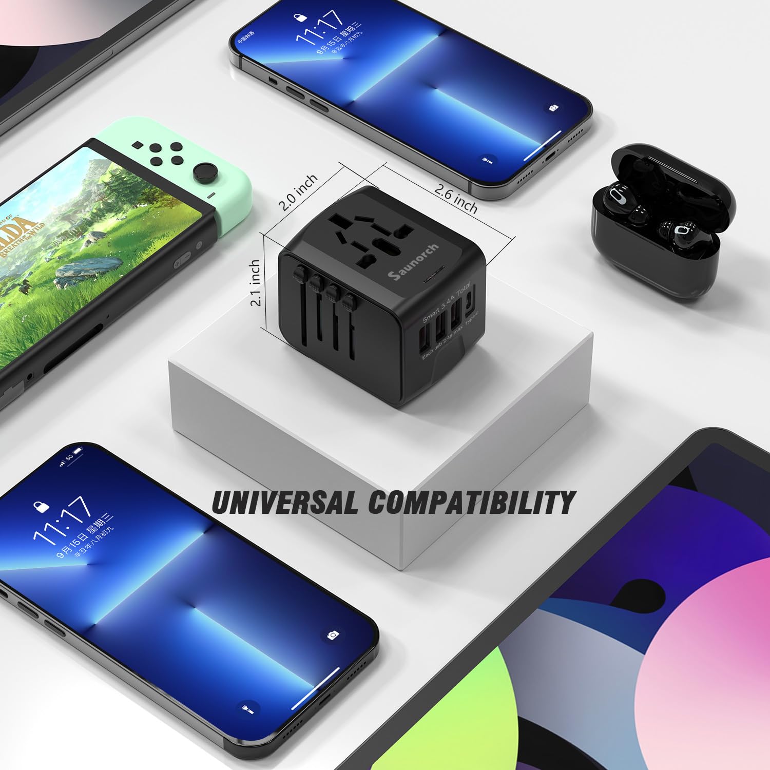 SAUNORCH Universal International Travel Power Adapter – USB-C & USB-A Fast Charging, Worldwide Plug (Black)