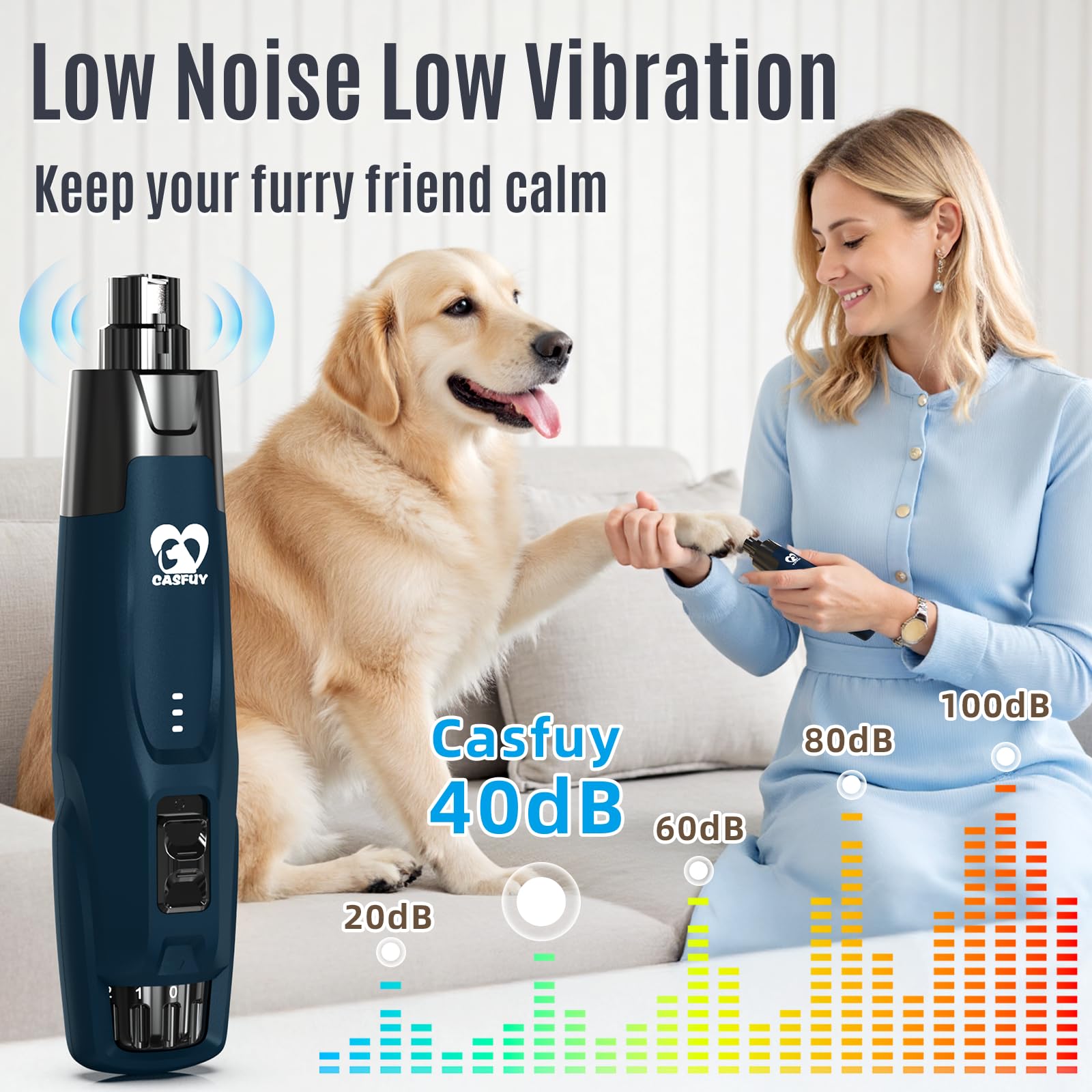 Casfuy N75 Professional Dog Nail Grinder with 6 Speed Control & Diamond Bit – Rechargeable Quiet Pet Nail Trimmer with LED Safety Lights (Dark Blue)
