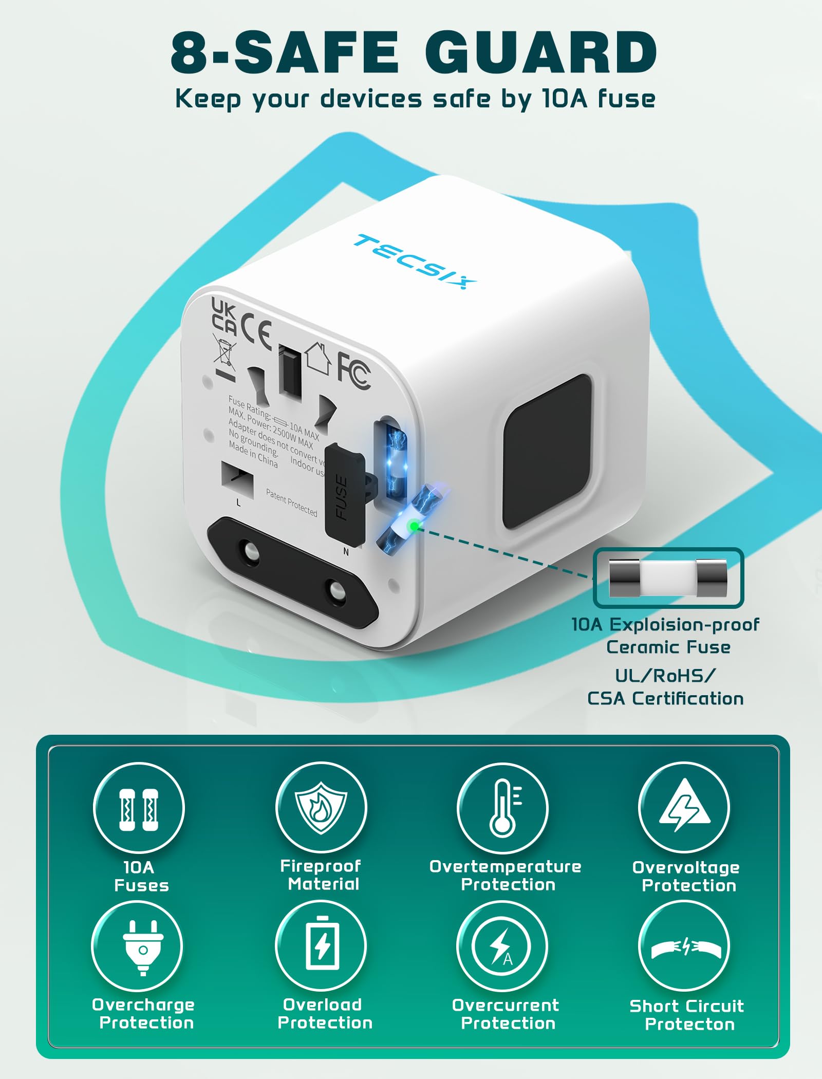 TECSIX Universal Travel Adapter – Compact 2500W Worldwide Plug Adapter for 200+ Countries (White)