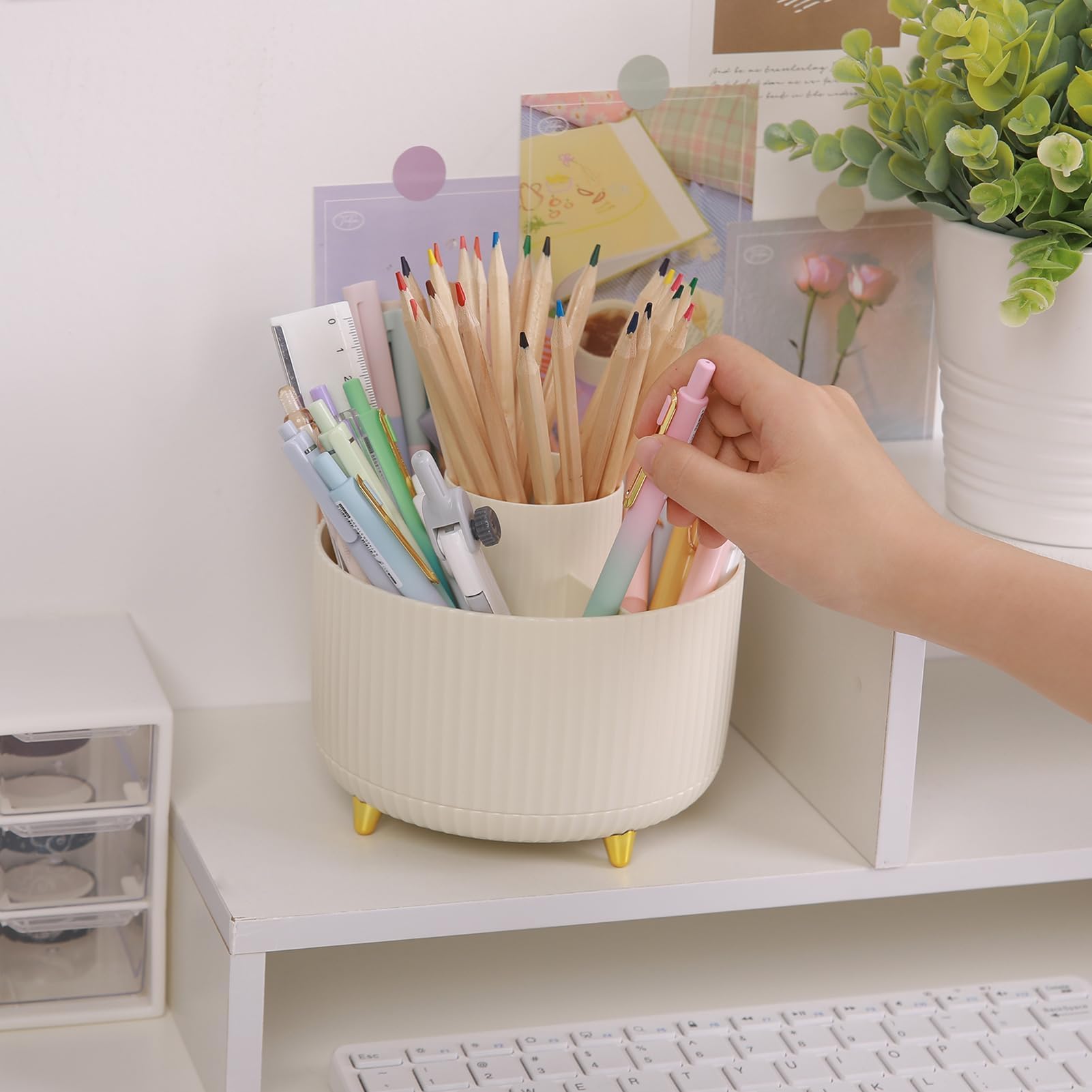 SkyDue 360° Rotating Desk Pen Organizer with 5 Compartments Space Saving Pencil Holder & Multi Purpose Desktop Storage