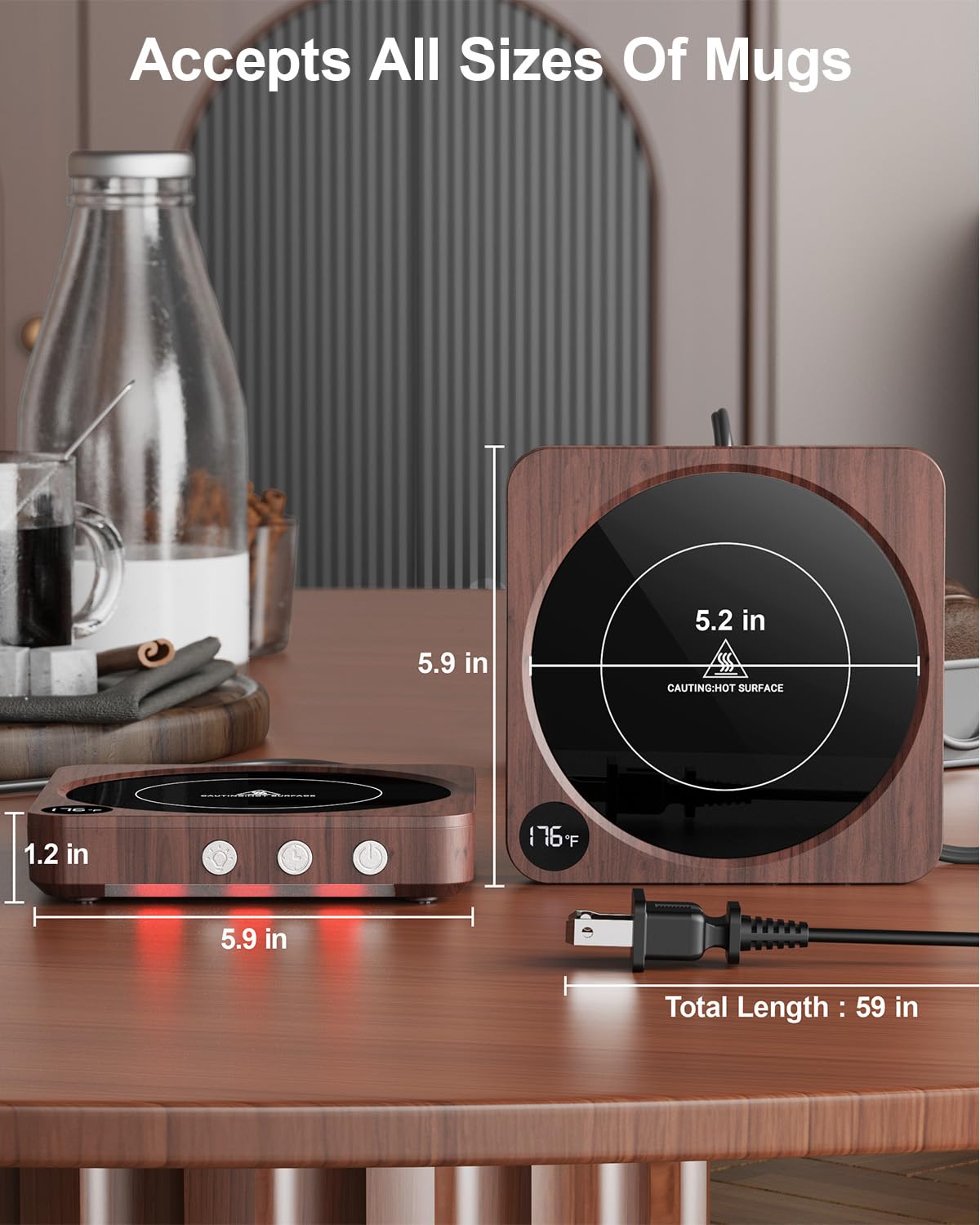 House Gem Smart Mug Warmer 36W Coffee Cup Heater with Temperature Display Timer Auto Shut Off Wood