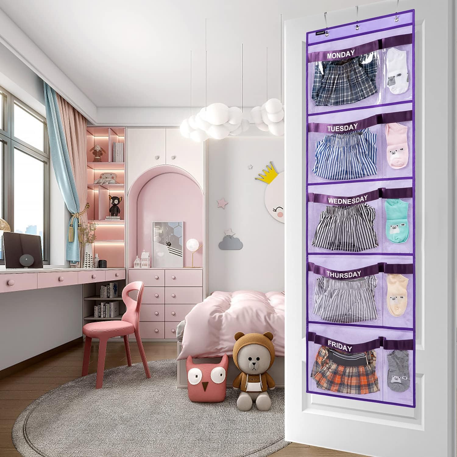 Purple Monday-Friday Kids Hanging Clothes Organizer