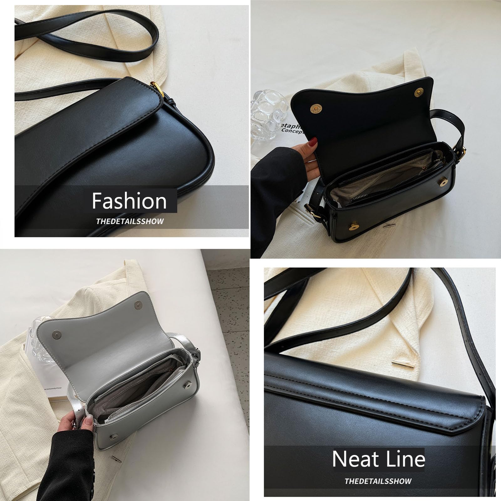 Y2K Trendy Shoulder Bag for Women – Vegan Leather Hobo & Saddle Purse with Removable Straps (Black)