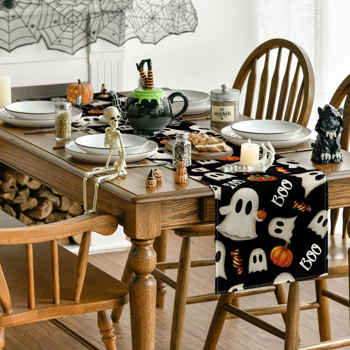 Artoid Mode Ghost Pumpkin Camdy 210 GSM Halloween Table Runner,Seasonal Fall Kitchen Dining Table Decoration for Home Party Decor 13x72 Inch