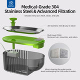 2.5L Stainless Steel Cat Water Fountain with LED Water Level Window, USB Powered Quiet Pump & Waterproof Silicone Mat – Green