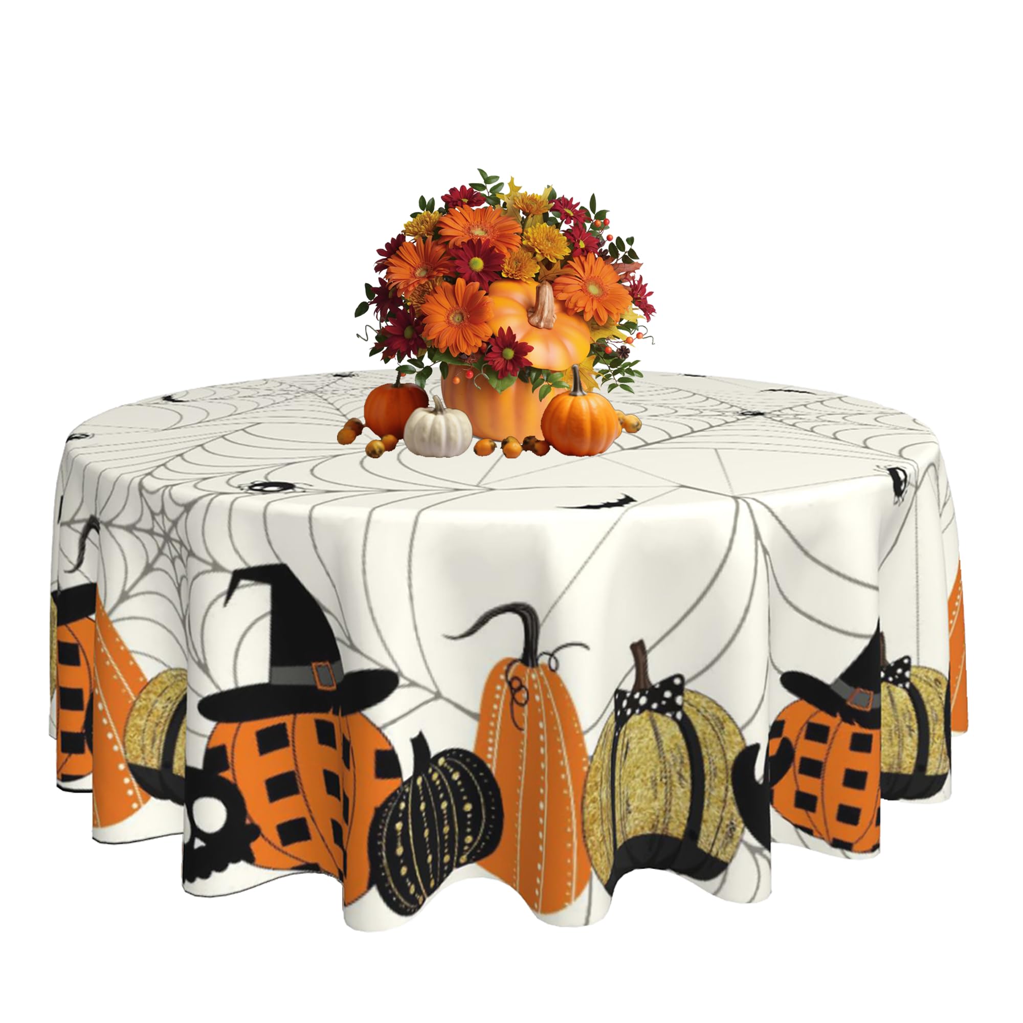 Halloween Round Tablecloth – Black Pumpkin Skull Polyester Cover for Dining & Party Decor (20"–47")