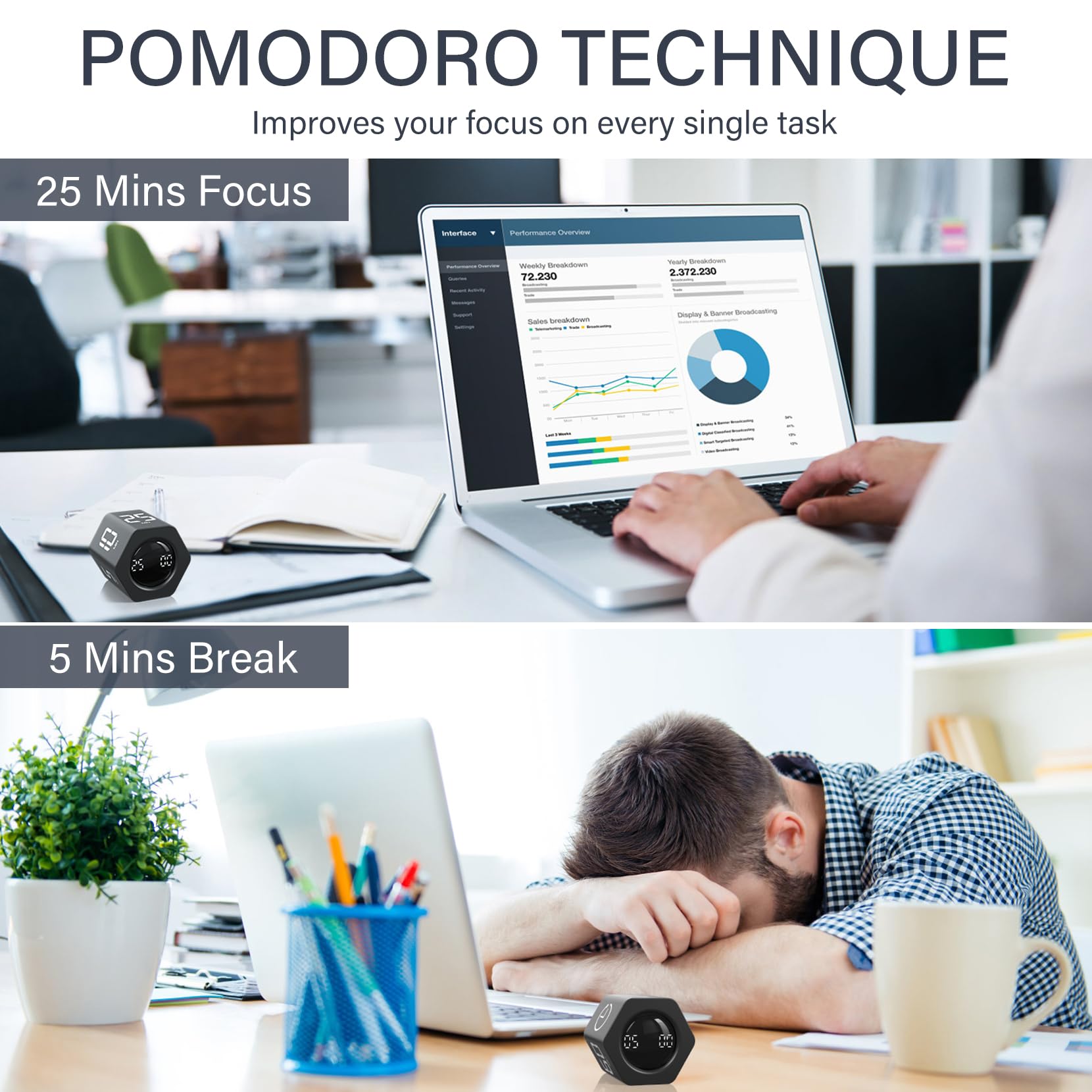 Rotating Pomodoro Timer Hexagon with Flip Control, Preset 5/10/25/30/60 Min & Stopwatch, Silent Vibration Desk Timer for Work, Study & Kitchen – Black