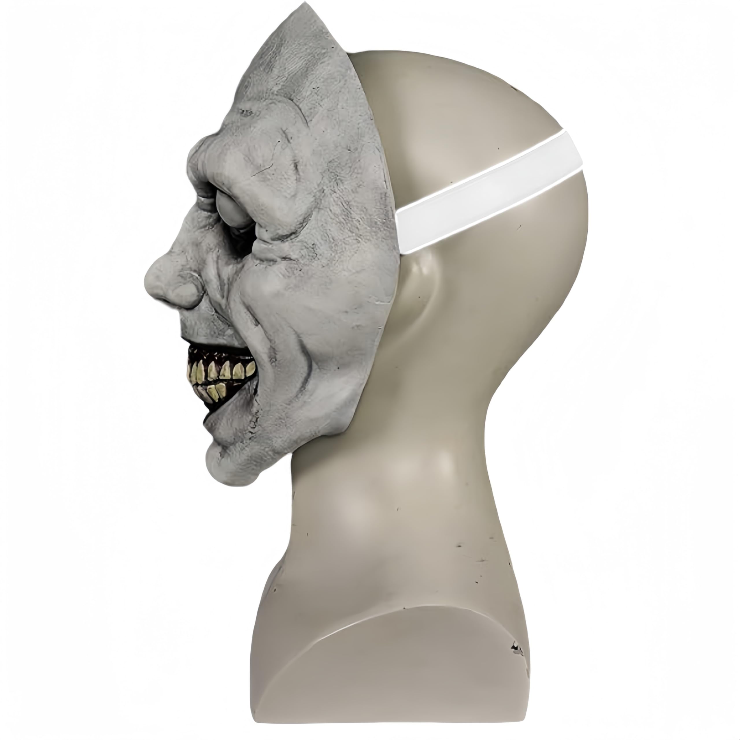 Smiling Demon Latex Mask – Grey Horror Full Face Halloween Mask with Adjustable Strap & Big Eye Design