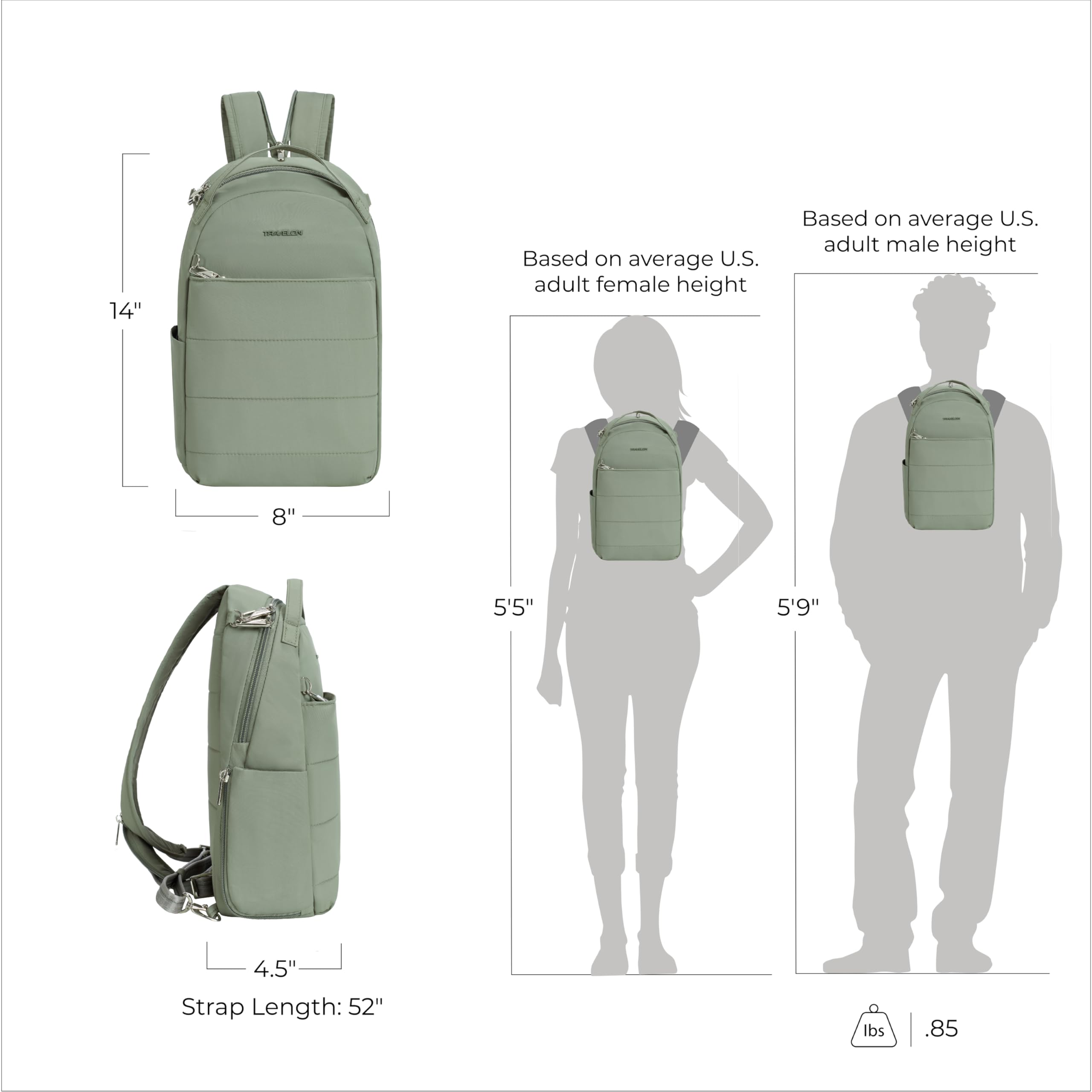 Travelon Roam Convertible Anti-Theft Backpack & Sling – Ultra-Light RFID Secure Daypack with Slash-Resistant Design (Moss)