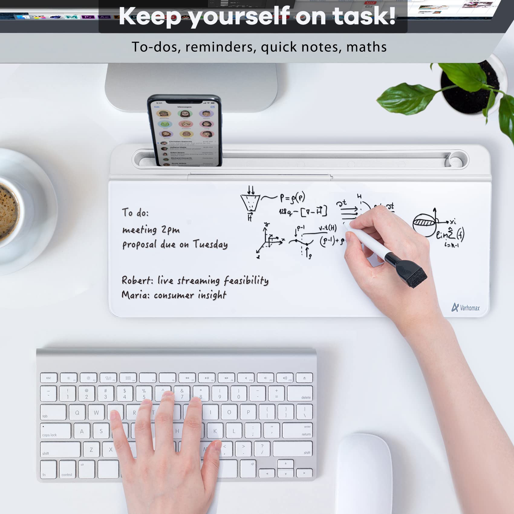 Varhomax Tempered Glass Desktop Whiteboard Organizer with Storage Compartments & Phone Holder for Office Productivity
