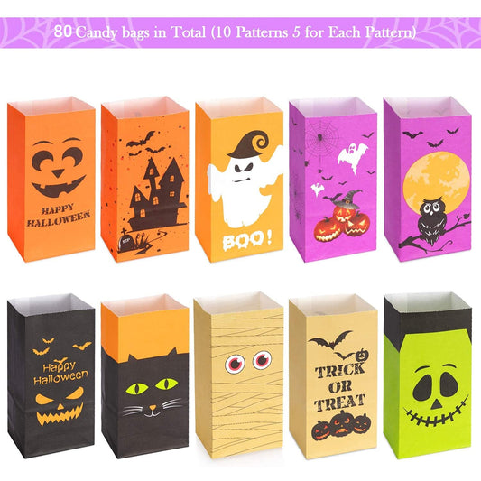 Halloween Candy Treat Bags – 80-Pack Trick-or-Treat Paper Gift Bags with 84 Stickers (10 Designs, Kids Party Favors)