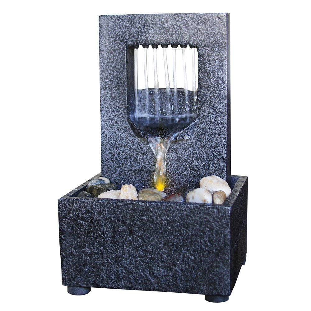 Slate Gray Tabletop Water Fountain with Amber LED – Dual Power Indoor & Patio Décor (Gray)