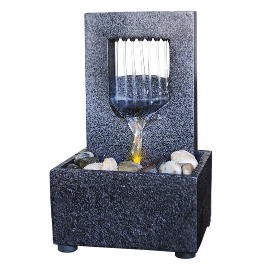 Slate Gray Tabletop Water Fountain with Amber LED – Dual Power Indoor & Patio Décor (Gray)