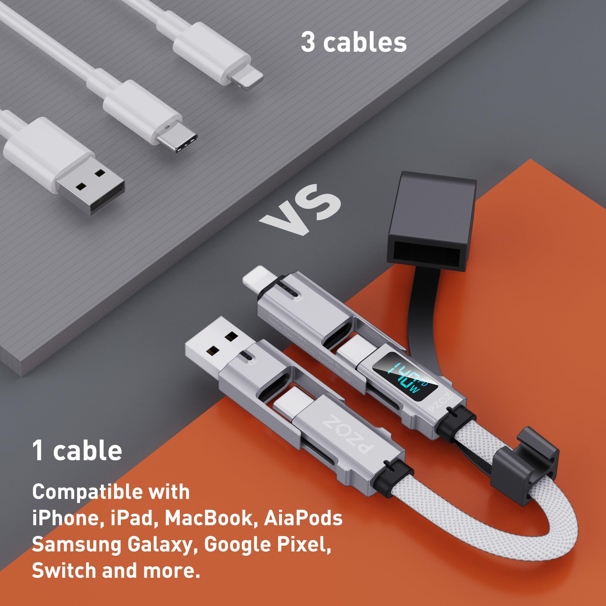 4-in-1 Keychain Fast Charging Cable – 140W USB-C, Lightning & USB-A Multi Charging Adapter