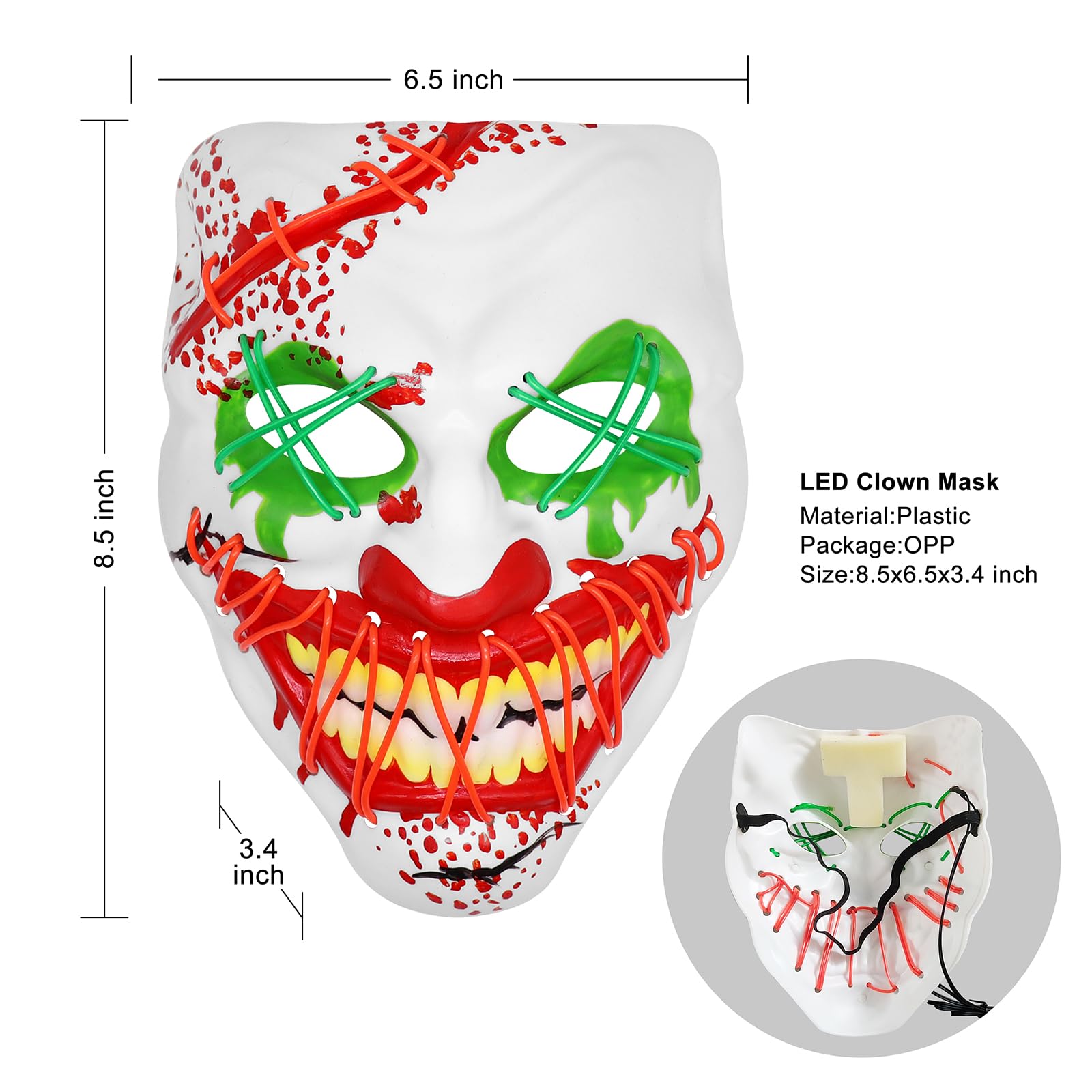 LED Light-Up Clown Mask 2024 – Red & Green Evil Smile Purge Mask with 3 Lighting Modes for Halloween & Parties
