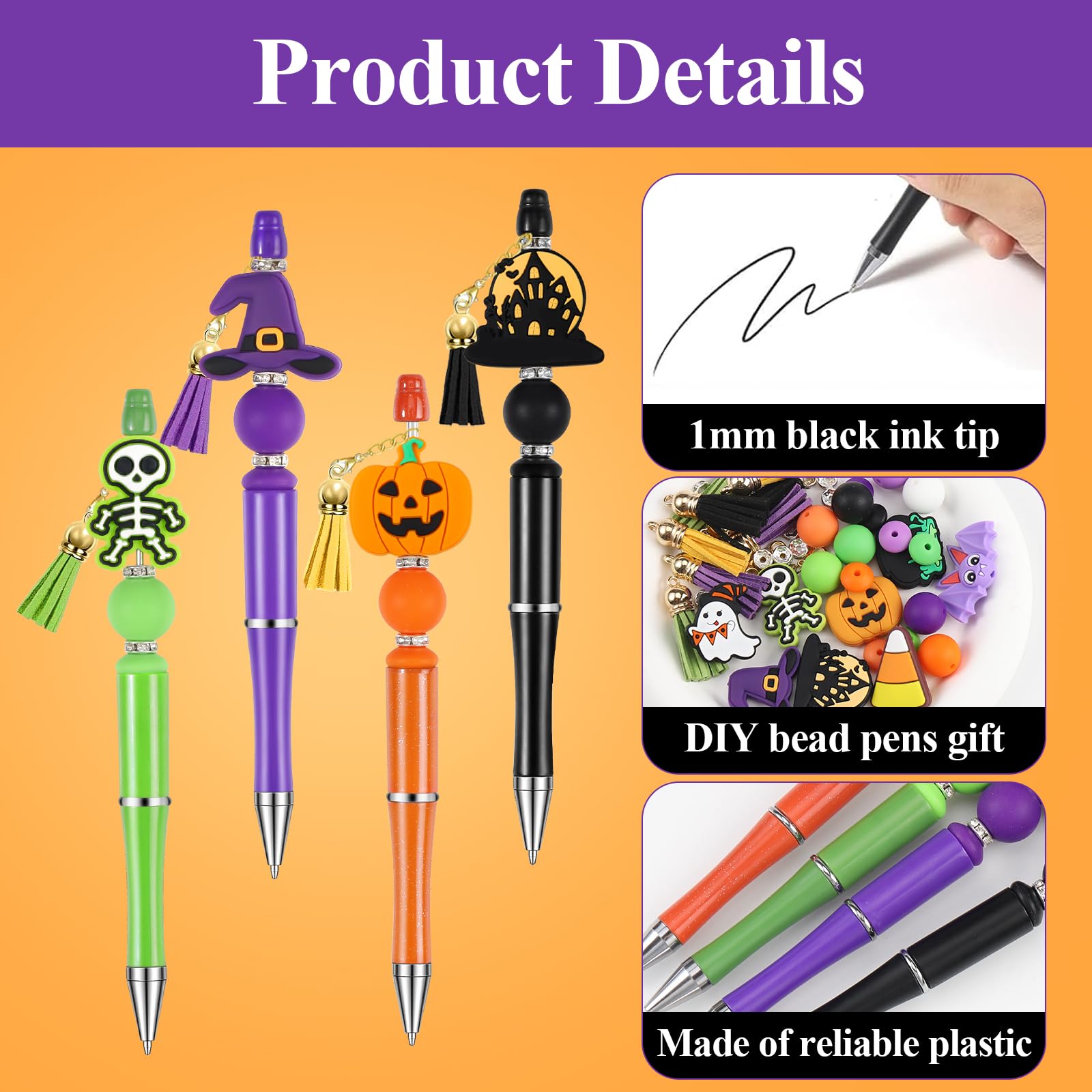 Halloween Beadable Pens Set 🎃 – 8 DIY Ballpoint Pens with Pumpkin, Ghost & Witch Beads (Green, Black, Purple, Orange)