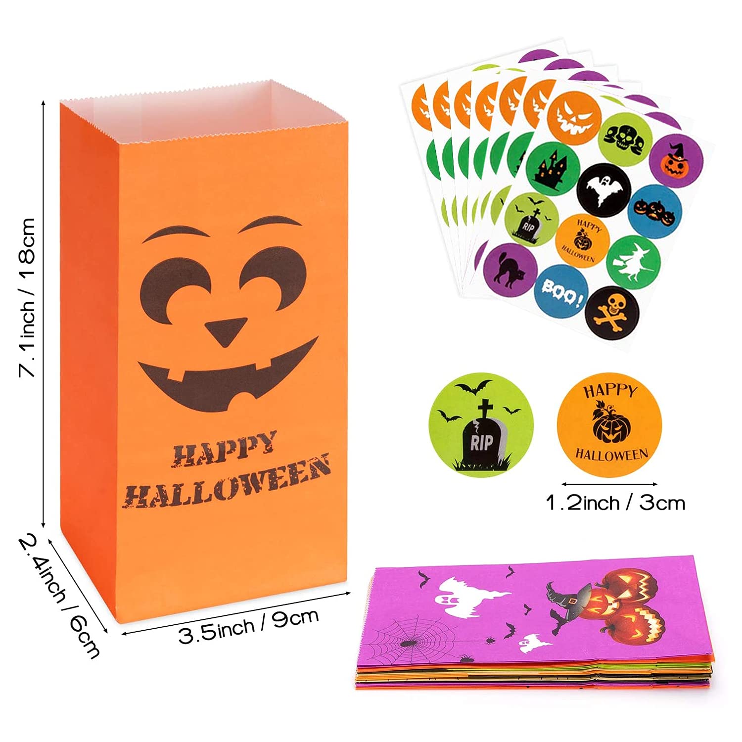 Halloween Candy Treat Bags – 80-Pack Trick-or-Treat Paper Gift Bags with 84 Stickers (10 Designs, Kids Party Favors)