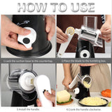 Manual Rotary Cheese Grater with 3 Stainless Steel Blades – Suction Base Food Shredder