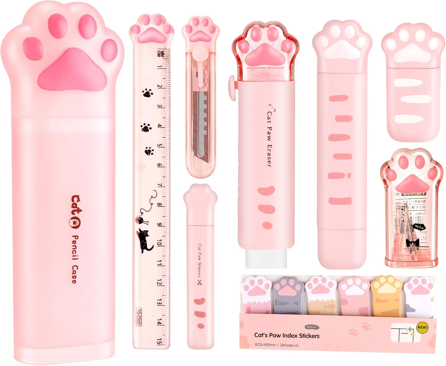 Pink Cat Paw 10-Piece Stationery and Desk Tool Set
