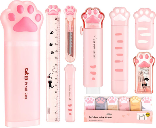 Pink Cat Paw 10-Piece Stationery and Desk Tool Set