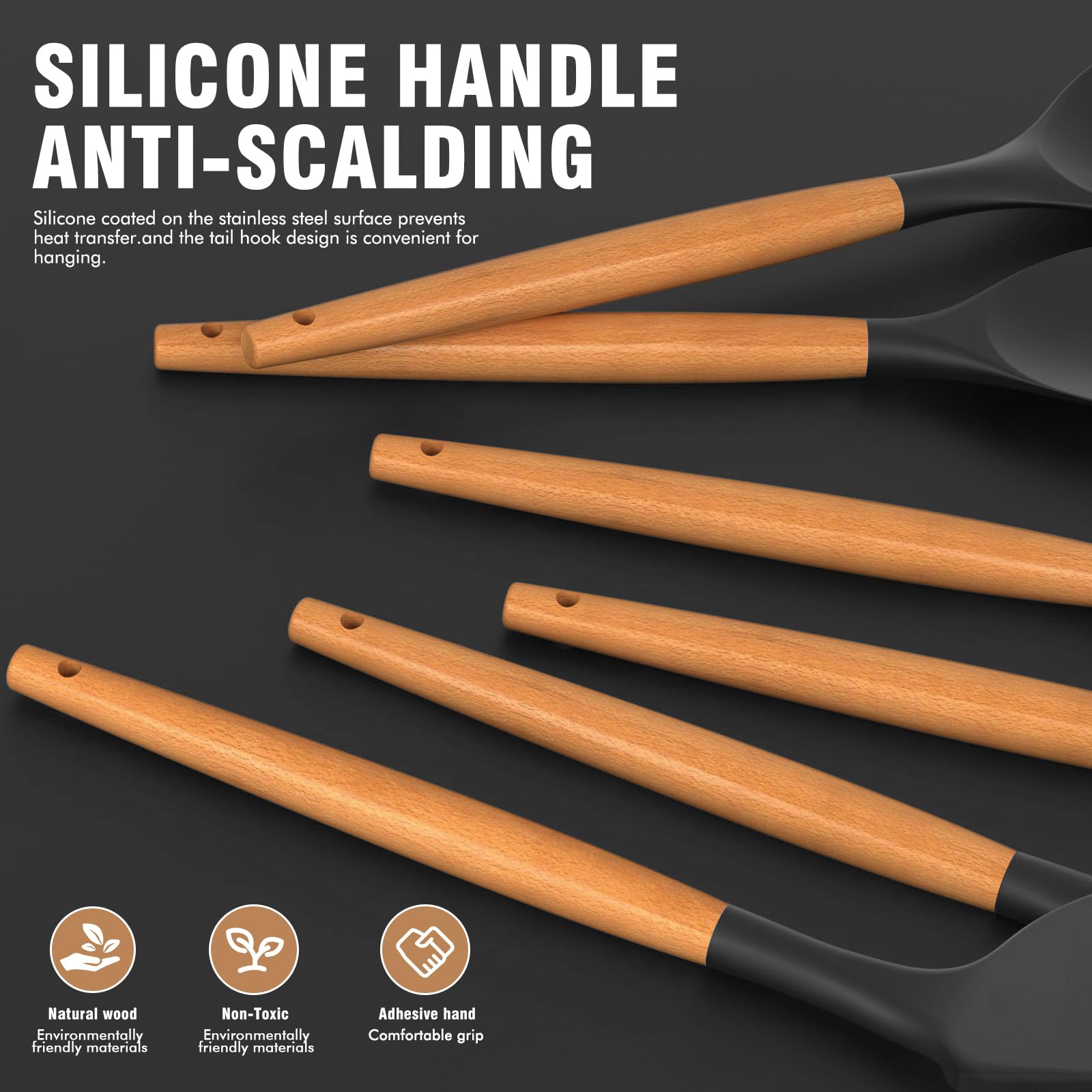16-Piece Silicone Cooking Utensil Set with Wooden Handles & Holder – Black