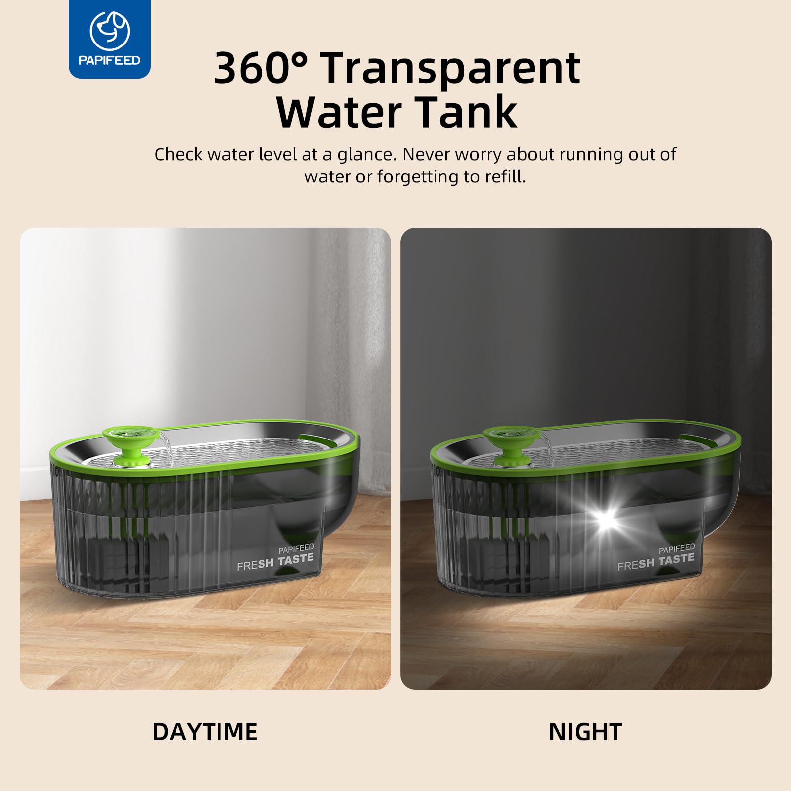 2.5L Stainless Steel Cat Water Fountain with LED Water Level Window, USB Powered Quiet Pump & Waterproof Silicone Mat – Green