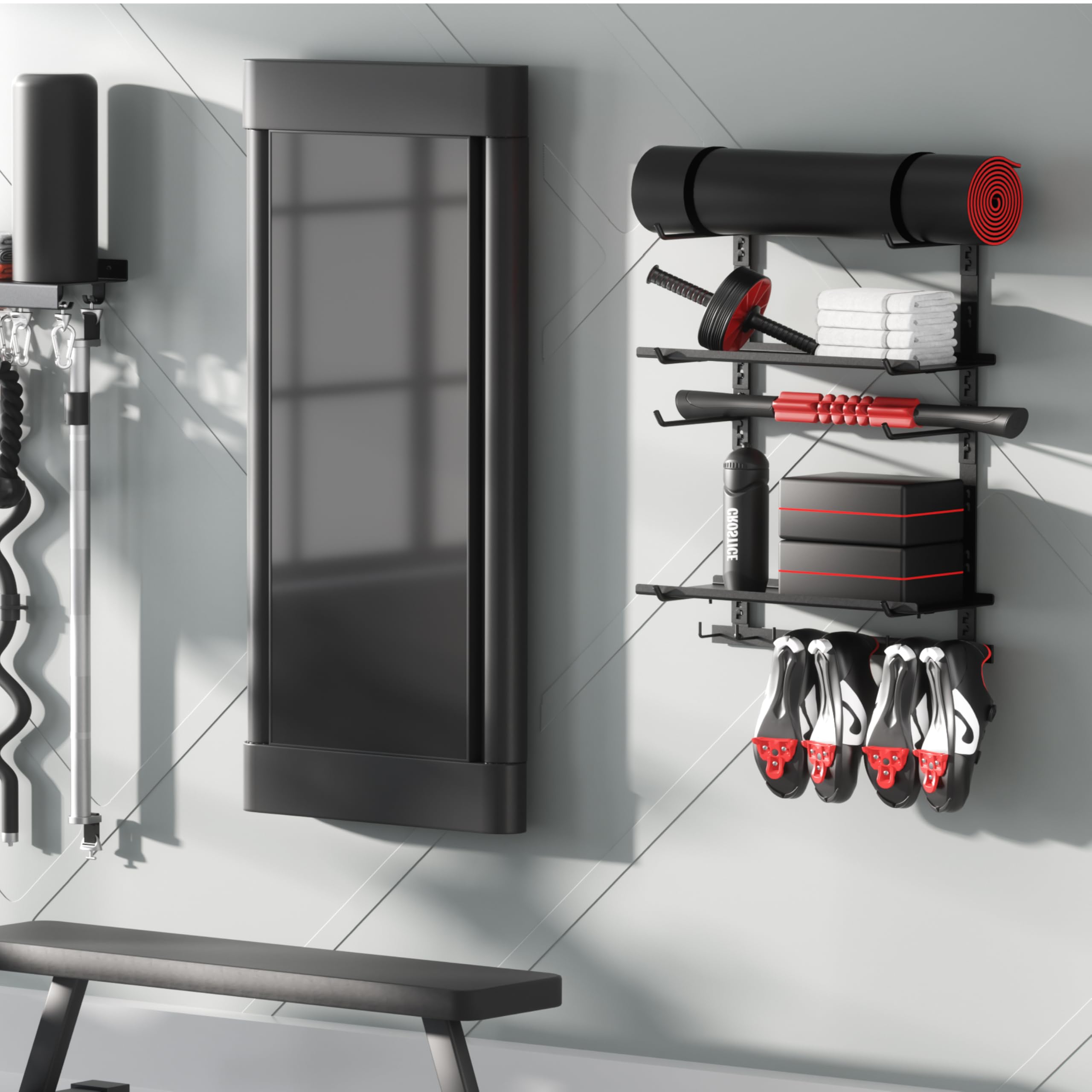 Crostice Wall-Mounted Home Gym Storage Shelf – Adjustable Fitness Equipment Organizer with Shelves, Hooks & Yoga Mat Holder (Black)
