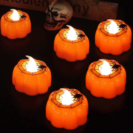 12-Pack Halloween Pumpkin LED Tea Light Candles – Flickering Flameless Pumpkin Lights for Spooky Décor