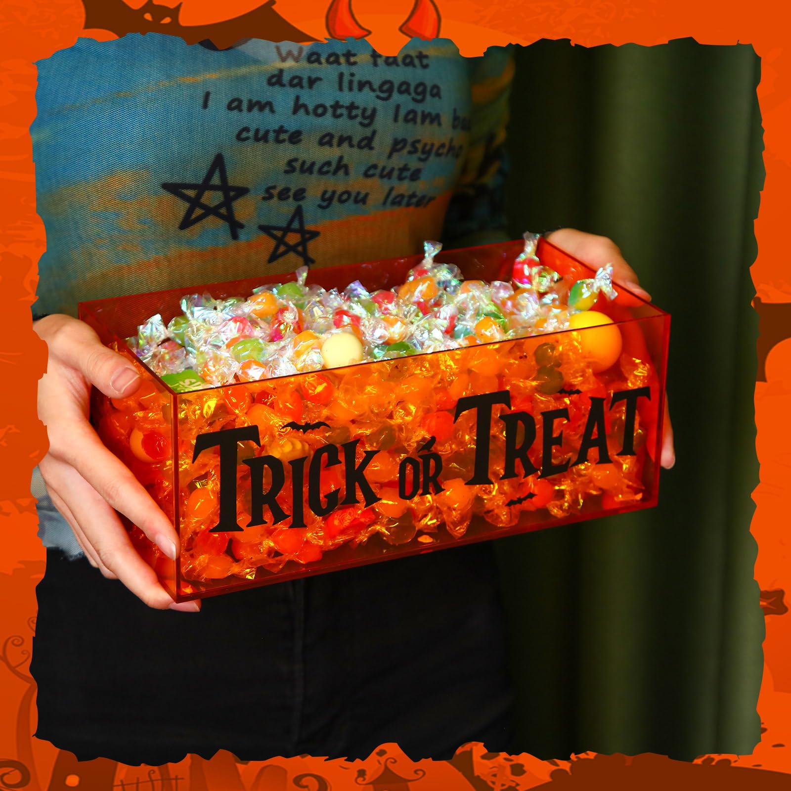 Light-Up Acrylic Trick or Treat Candy Bowl with LED String Lights – Halloween Party Table Decoration (Orange)