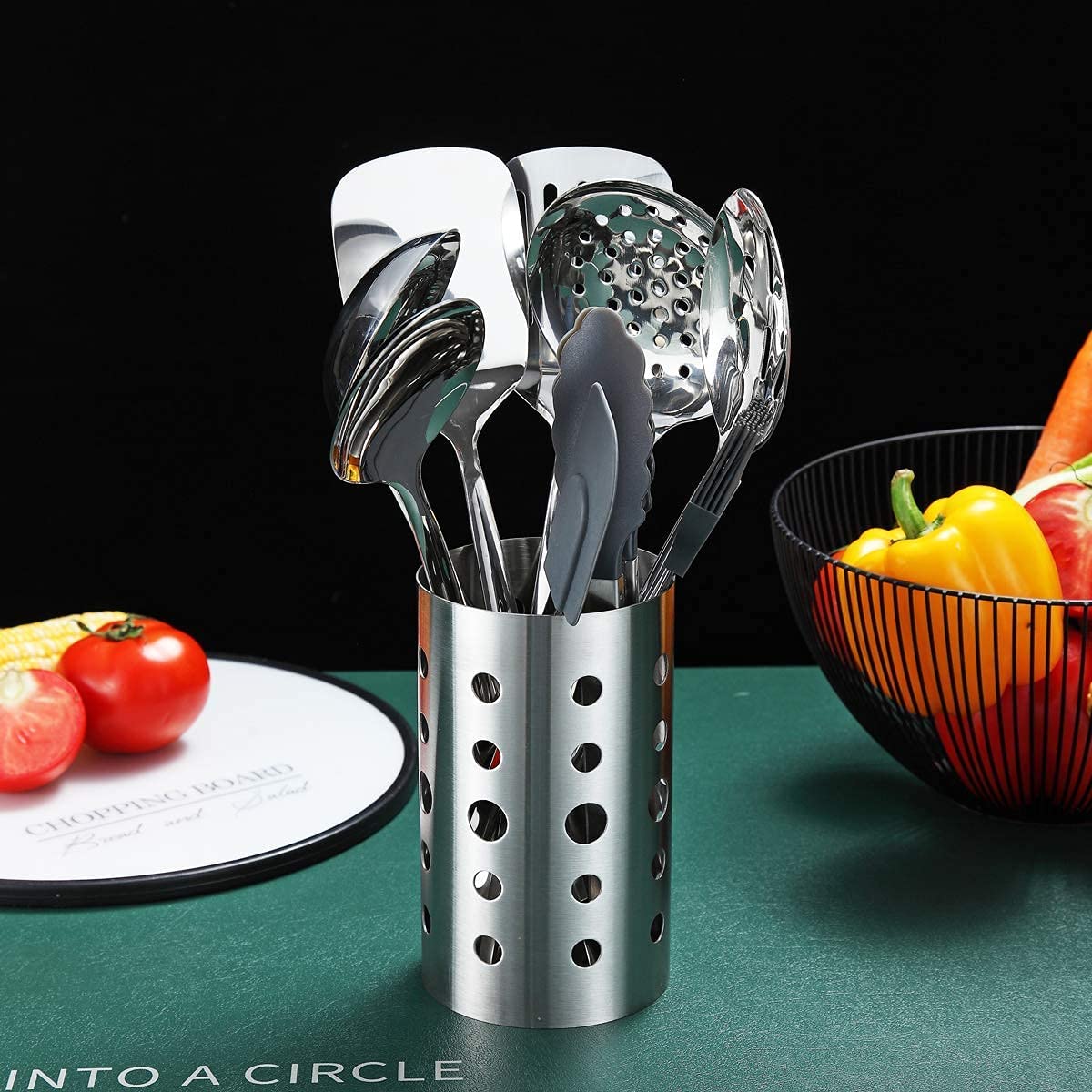 13-Piece Stainless Steel Kitchen Utensil Set with Mirror Finish & Holder – Silver
