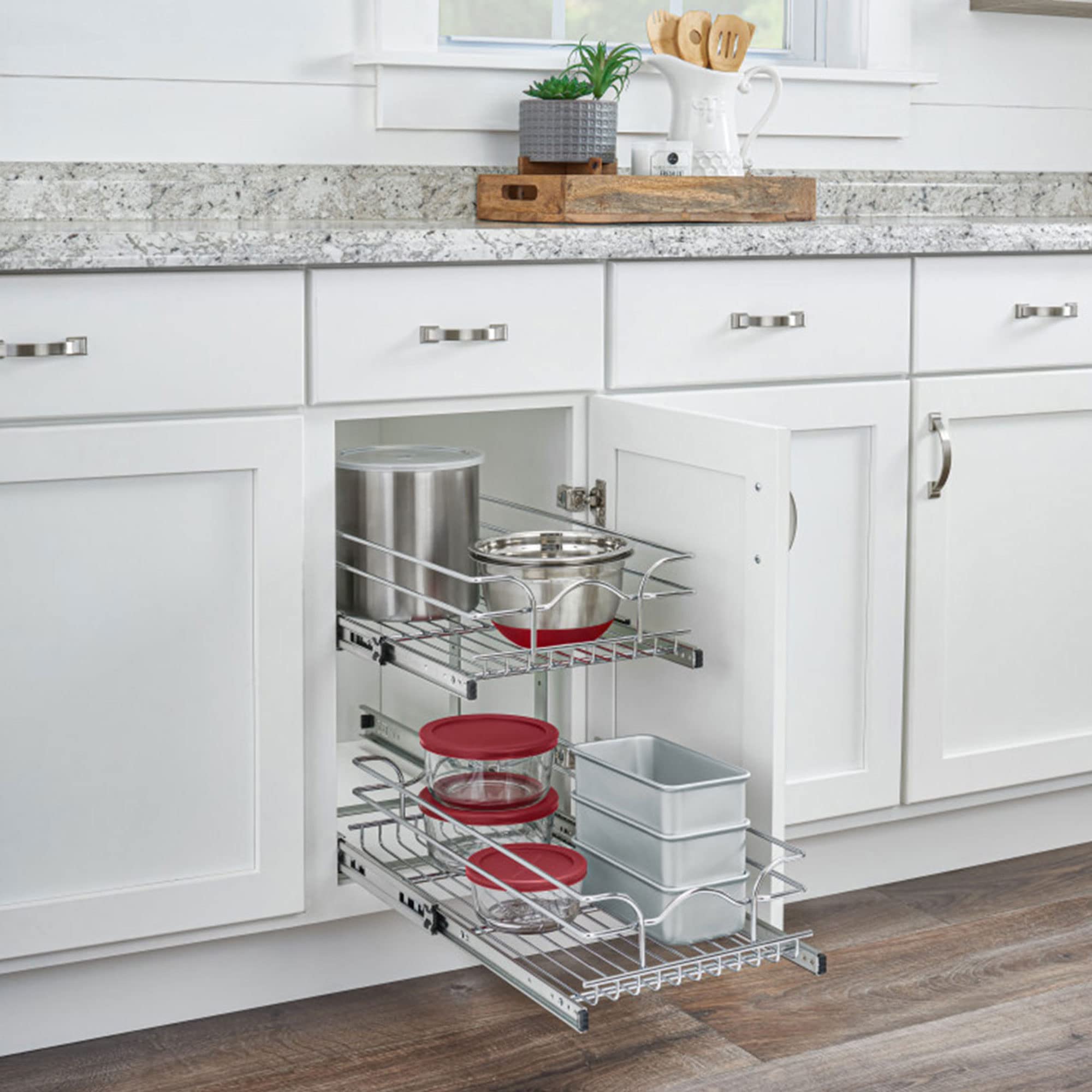 2-Tier Pull-Out Cabinet Organizer – Chrome Wire Slide-Out Baskets with Full-Extension Rails