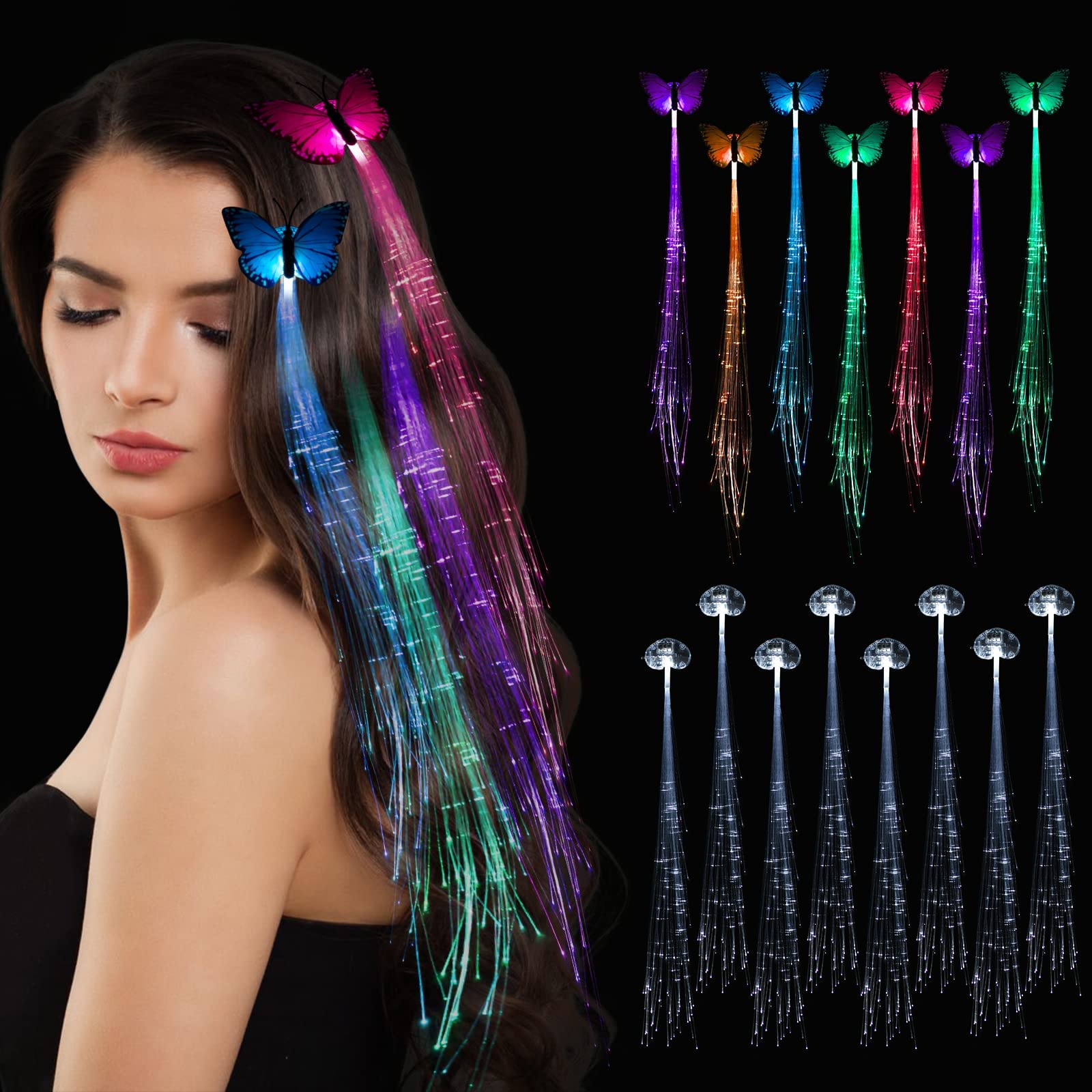 15-Pack Multicolor LED Hair Extension Clips – Fiber Optic Light-Up Braids with Heart & Butterfly Clips for Parties & Festivals