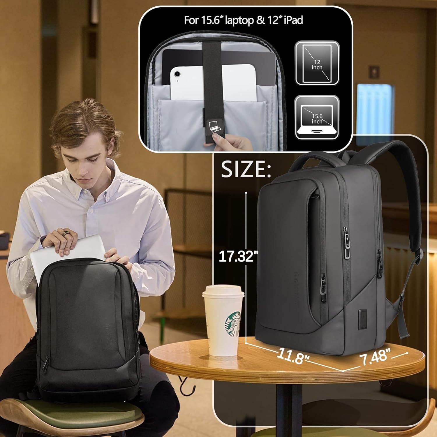 15.6" Laptop Backpack with USB Charging Port - Waterproof Business Travel & Work Daypack