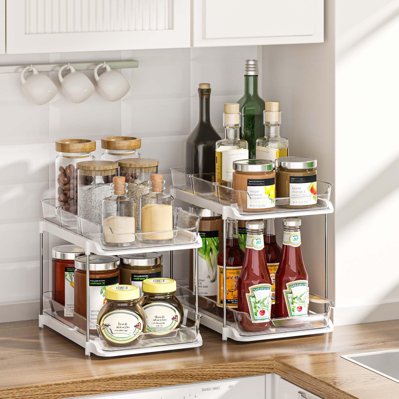 DELAMU 2-Tier Stackable Under Sink Organizer (2-Pack) – Pull-Out Acrylic Cabinet Storage with Adjustable Dividers (White)