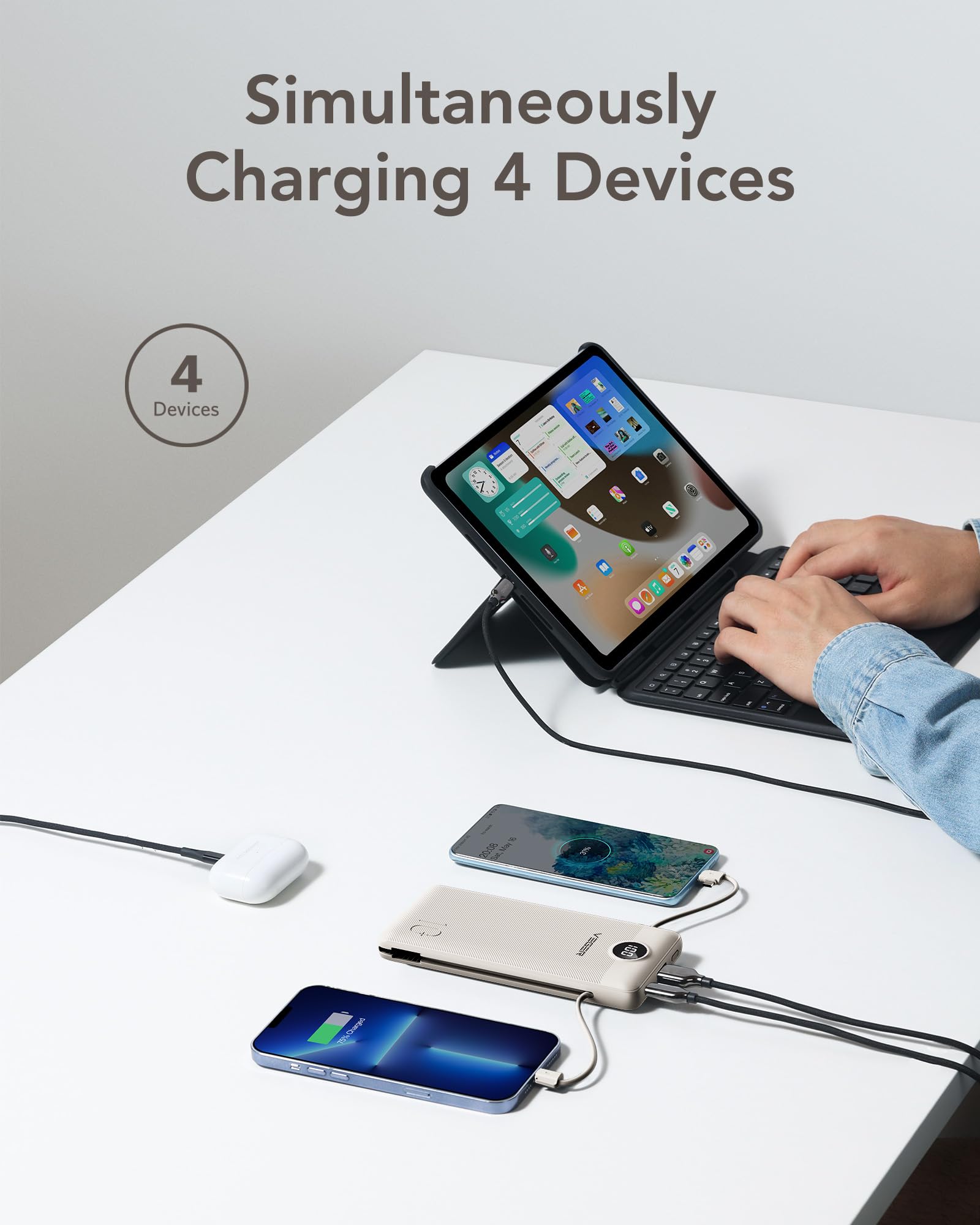 VEGER 10000mAh Portable Power Bank with Built-In Cables & AC Plug – Ultra Slim Fast Charging Travel Charger
