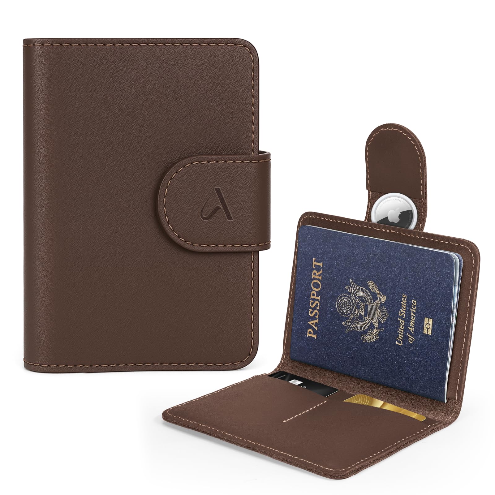ALLIVE Leather Passport Holder with Hidden AirTag & RFID Protection – Travel Wallet (Coffee Brown)