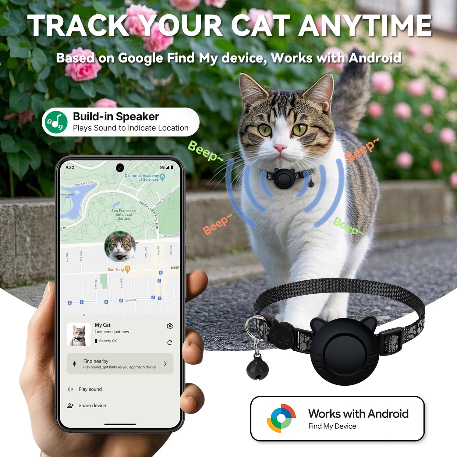 Android GPS Cat Tracker Collar Smart Bluetooth Pet Locator Waterproof Google Find My Device Compatible