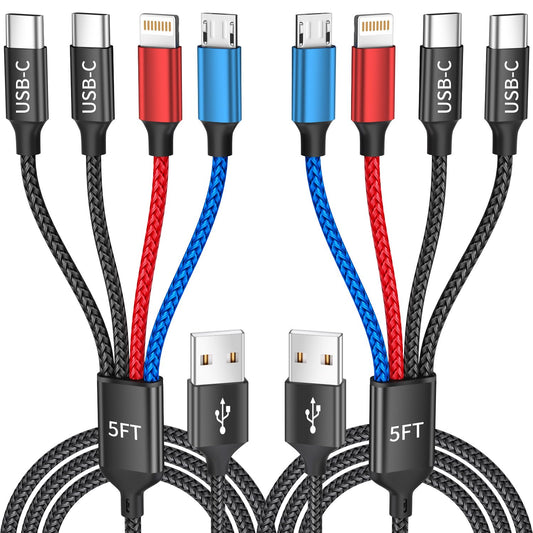 4-in-1 Multi Charging Cable (Dual USB-C, Lightning & Micro USB) – 5FT Universal Fast Charger Cord for iPhone, Android & Multiple Devices