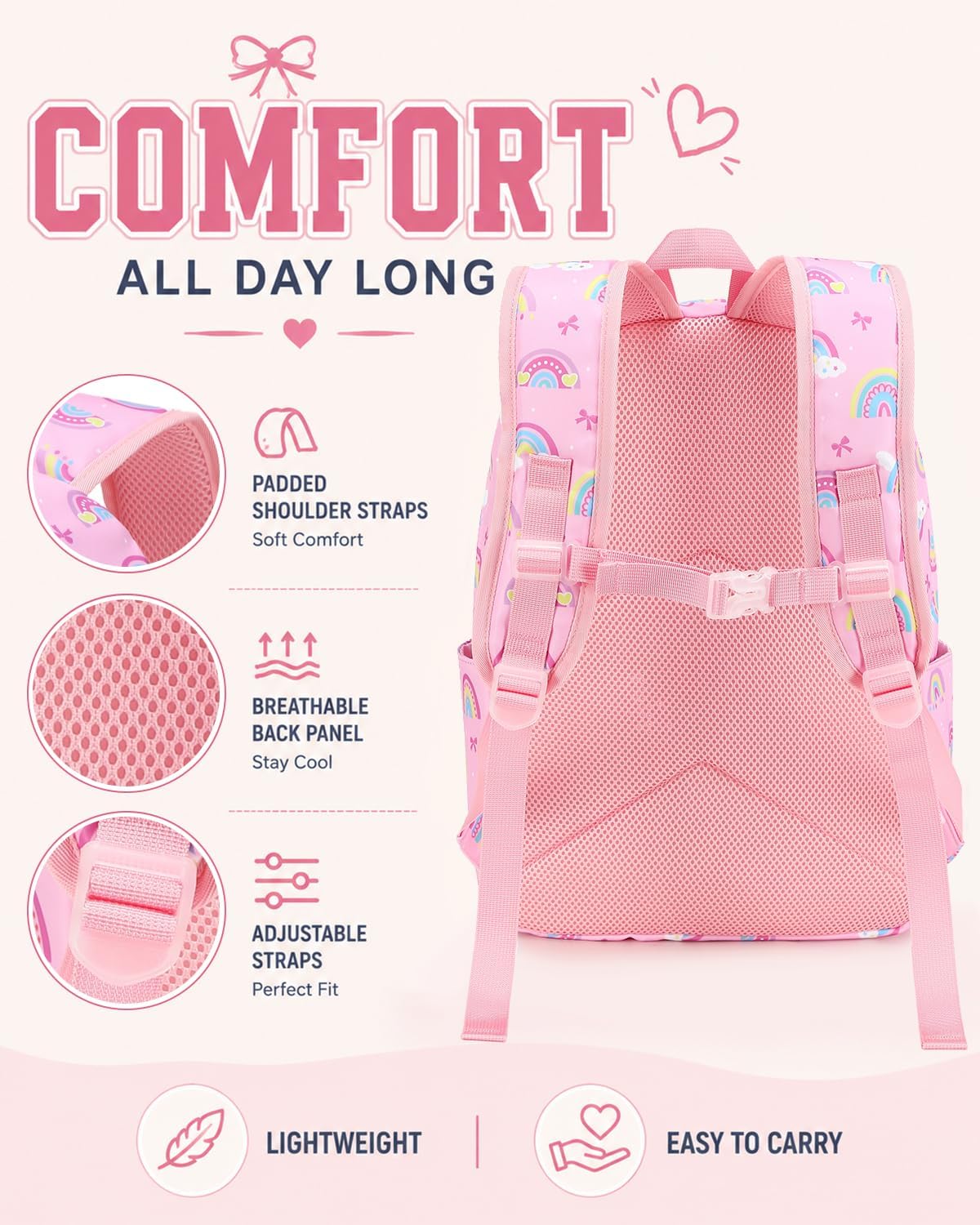 Pink Rainbow School Backpack Set with Matching Lunch Bag