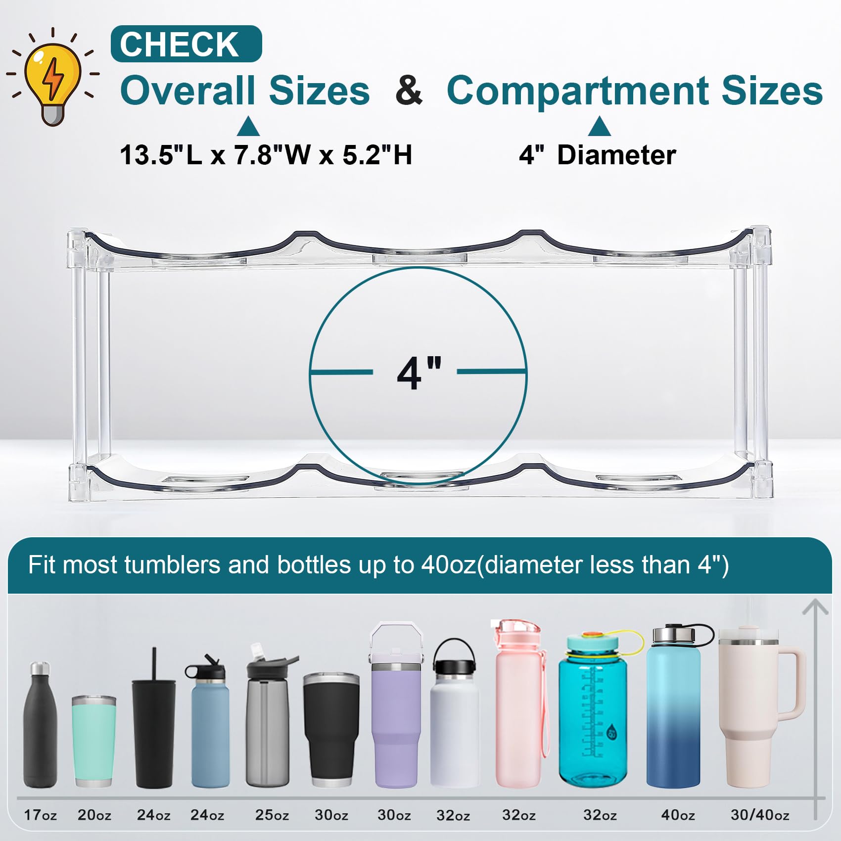 Large Capacity Stackable Water Bottle Organizer – 4-Tier Clear Holder for Large Tumblers & Bottles (Holds 12)