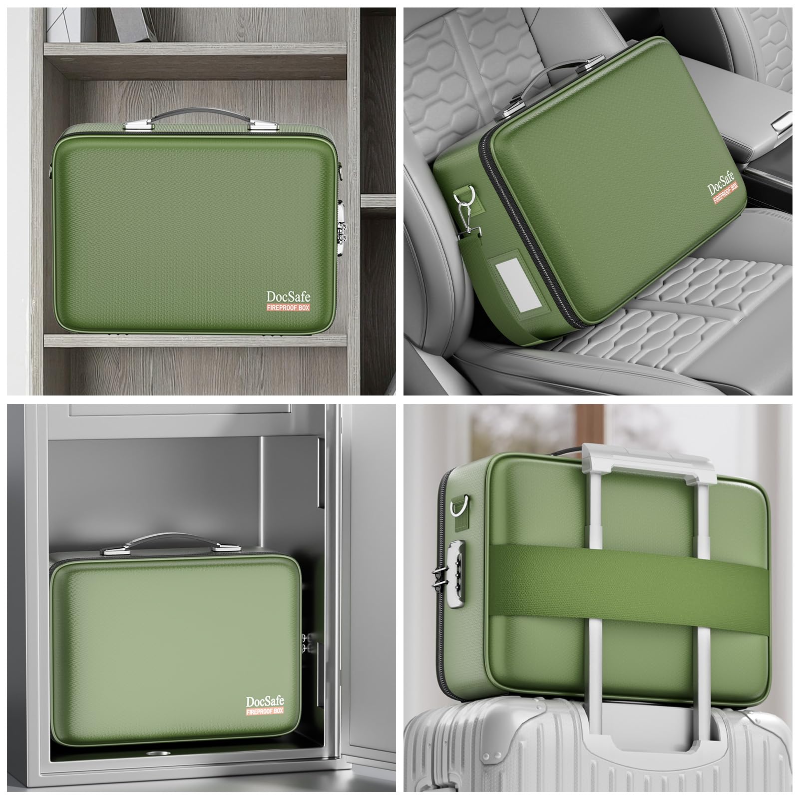 DOCSAFE Fireproof Hard-Shell Document Box with Lock – Portable File Organizer for Home, Office & Travel (Green)