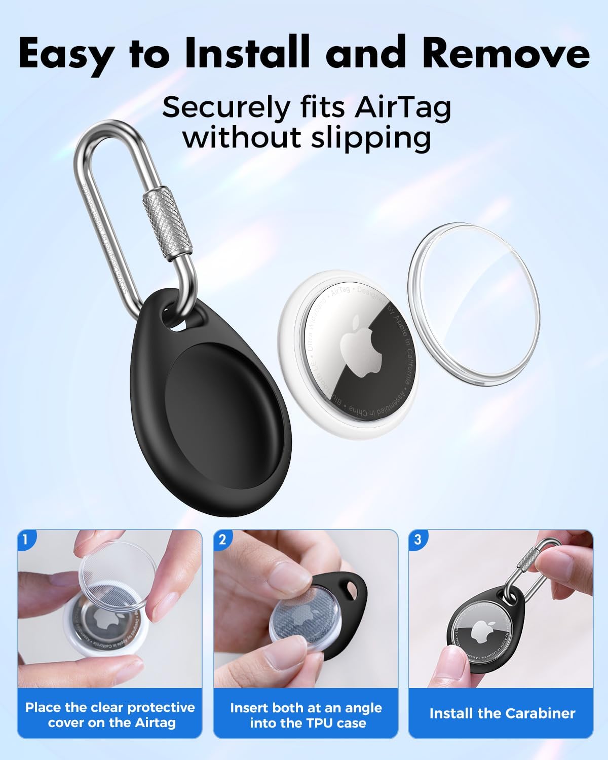 Heavy Duty AirTag Holder Case with Locking Stainless Steel Carabiner, Waterproof TPU Protective Cover – 4 Pack Multi Color