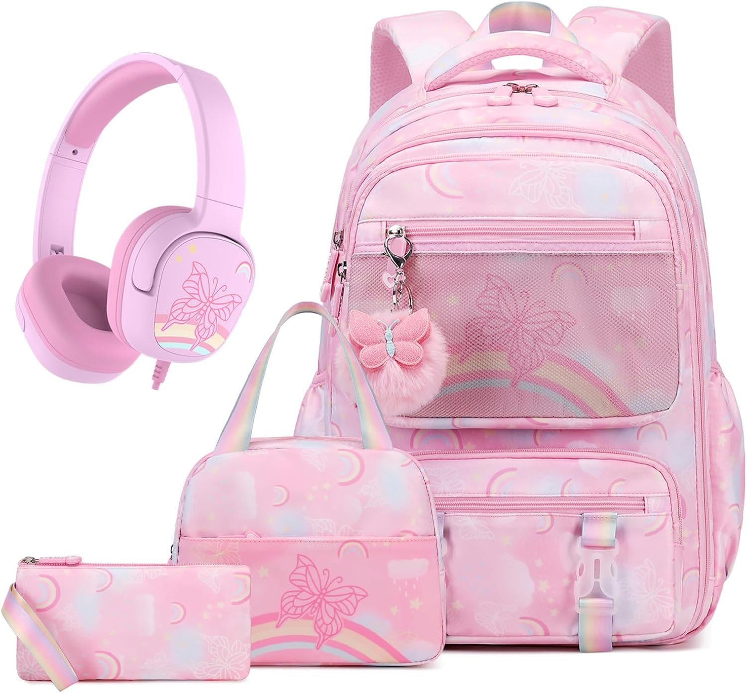 Rainbow Butterfly Backpack for Girls with Lunch Bag & Pencil Case Set, Kids School Backpack for Kindergarten, Elementary & Middle School Students