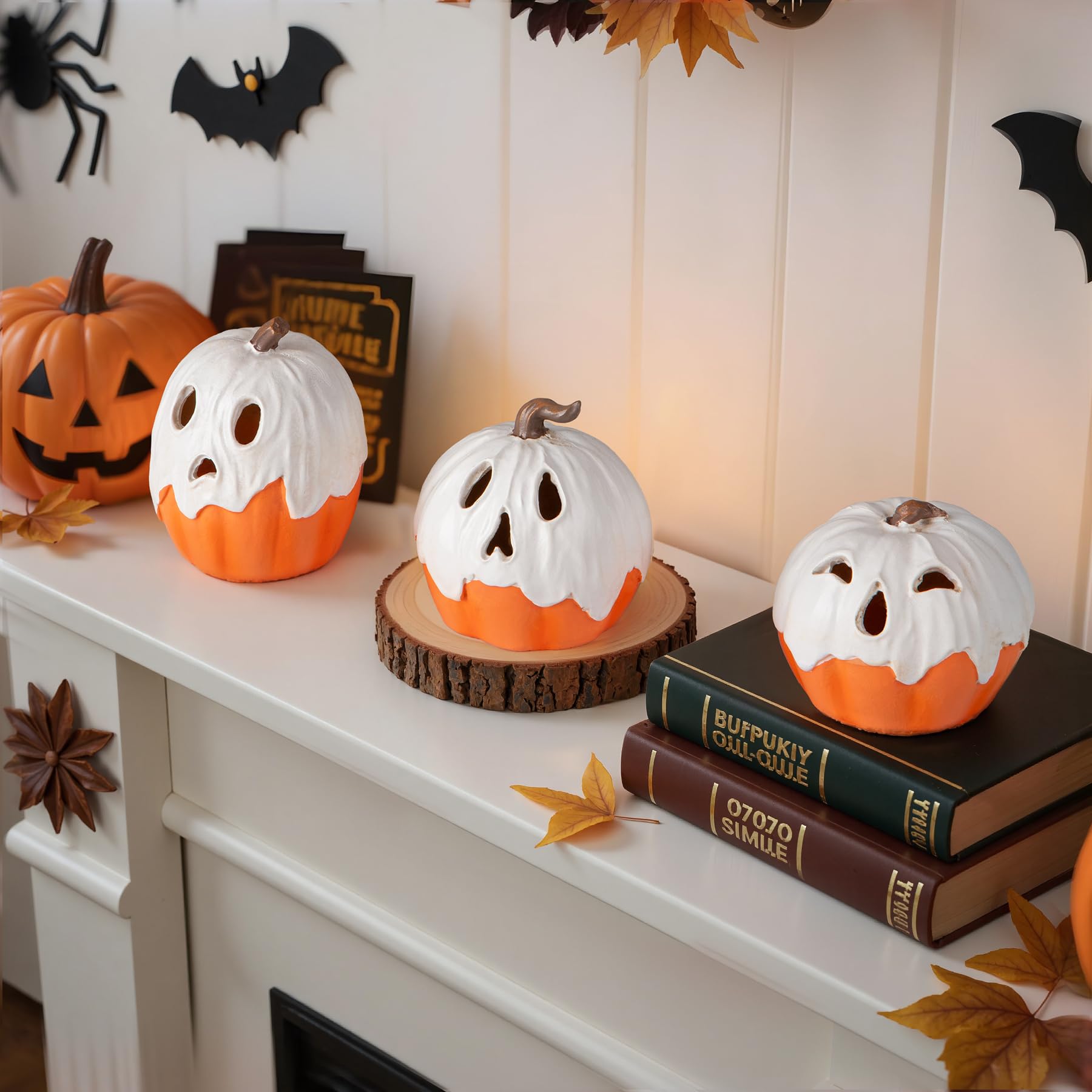Light-Up Ghost Pumpkin Decorations – Handmade LED Halloween Table Ornaments (Set of 3) 🎃👻