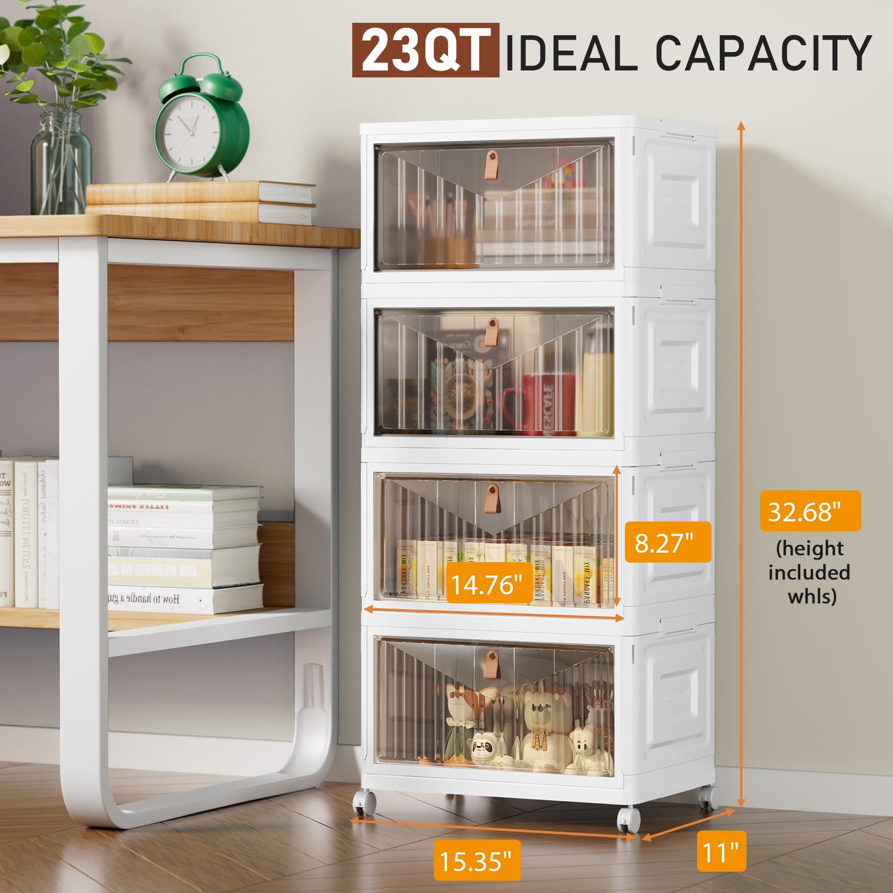 4-Tier Modular Storage Bins with Lids & Wheels – 23QT Foldable Plastic Organizer Drawers, White