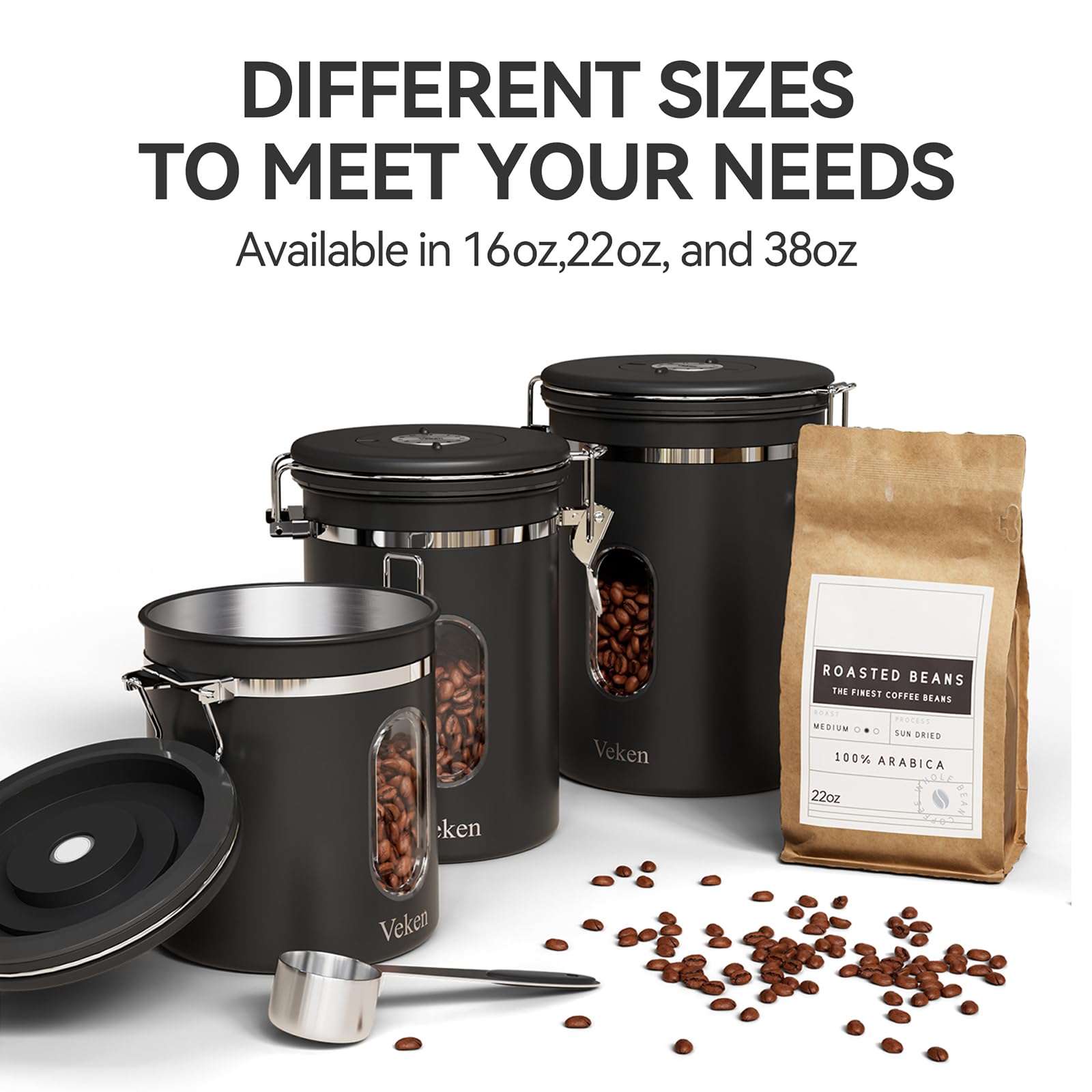 Stainless Steel Coffee Canister with Date Tracker & CO₂ Valve – Airtight Coffee Bean Storage with Scoop (Black)