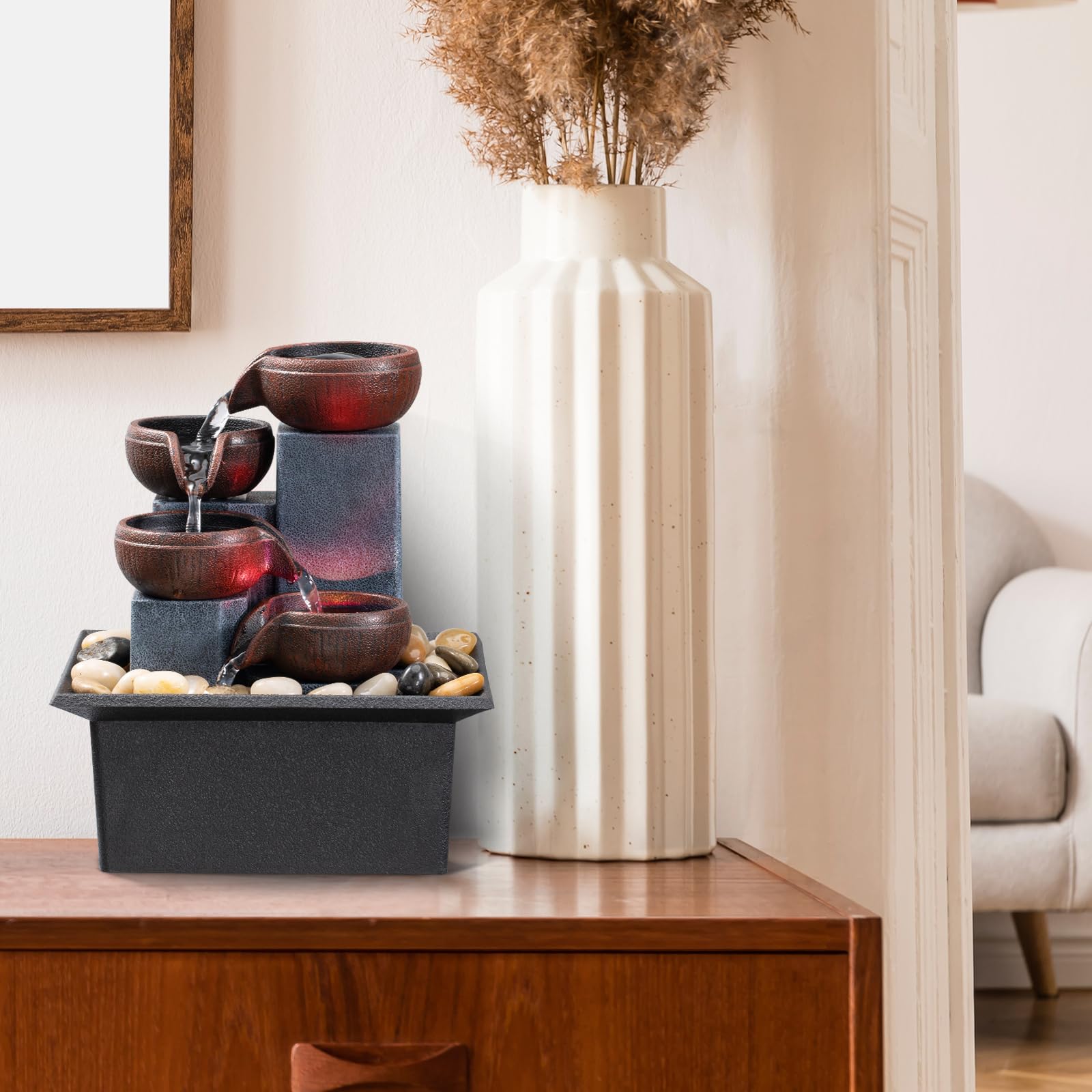 4-Level Tabletop Waterfall Fountain with LED Light & Natural Rocks – Indoor Meditation Decor (Brown)