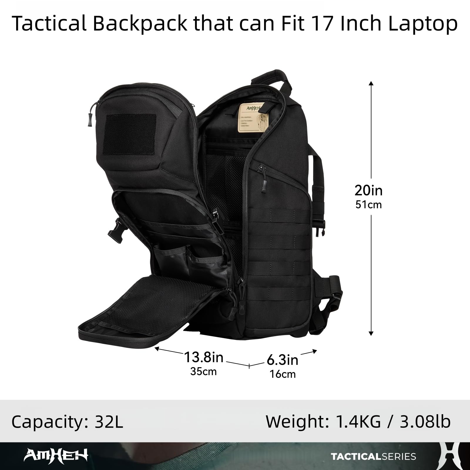 AMHEH 32L Military Tactical Backpack – Rugged MOLLE Carry-On Assault Pack with 17” Laptop Compartment – Black
